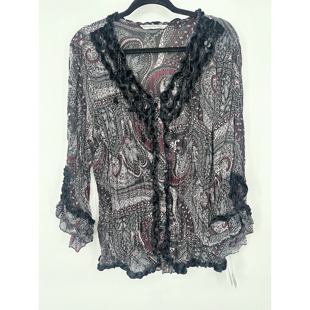 Signature by Larry Levine Size 2X Long Sleeve Shirt Ruffled Paisley Boho Career
